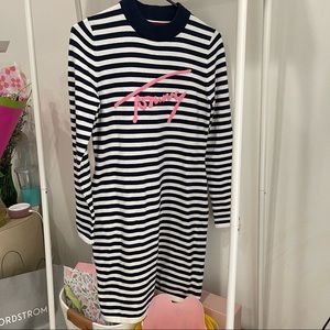 Tommy Hilfiger RETRO Striped Blue White Knitted Turtleneck Sweater Dress Small